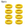 A set of eight yellow silicone luggage wheel protection rings.