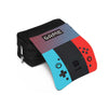 A black double-layered flip pen case featuring a pink and blue design with a red section and a game controller graphic.
