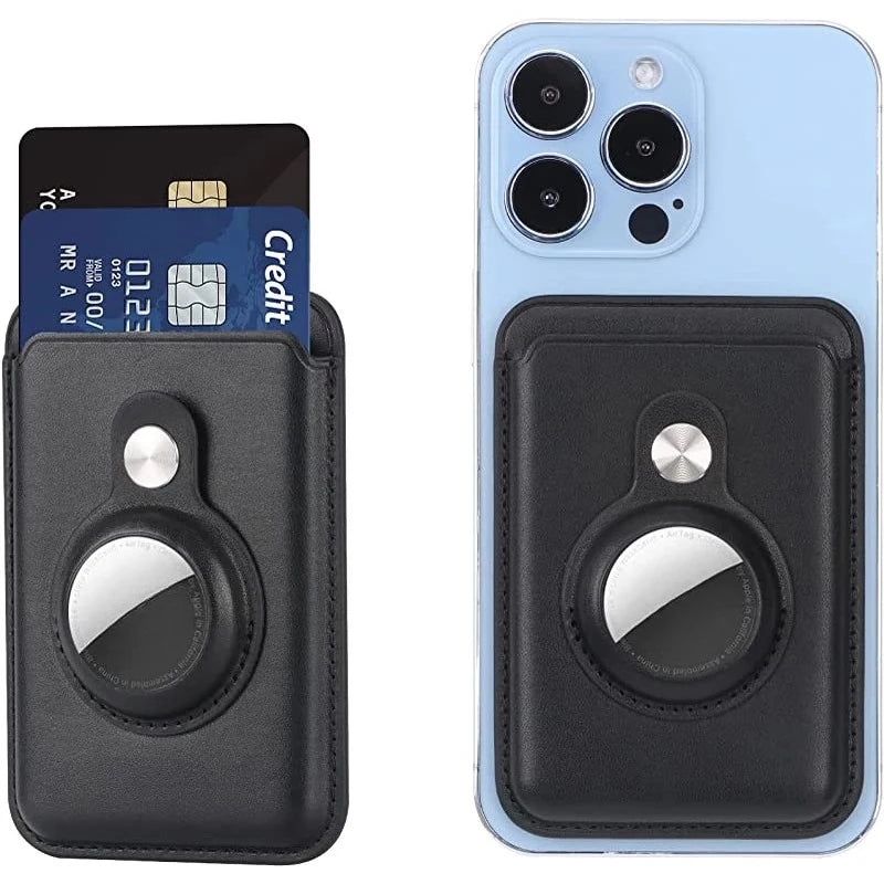 A black MagSafe card wallet with a built-in pocket for an AirTag, shown next to a light blue iPhone.