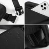 Black nylon cross-body waist bag with adjustable strap and pocket for a smartphone