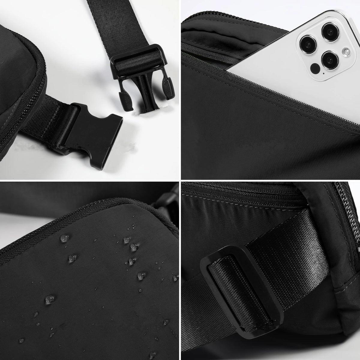 Black nylon cross-body waist bag with adjustable strap and pocket for a smartphone