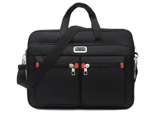 Black men's durable oxford briefcase with a carrying strap and multiple zippered compartments