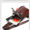 Brown oil-waxed genuine leather sling backpack featuring diversified compartment design and fine-grained layout