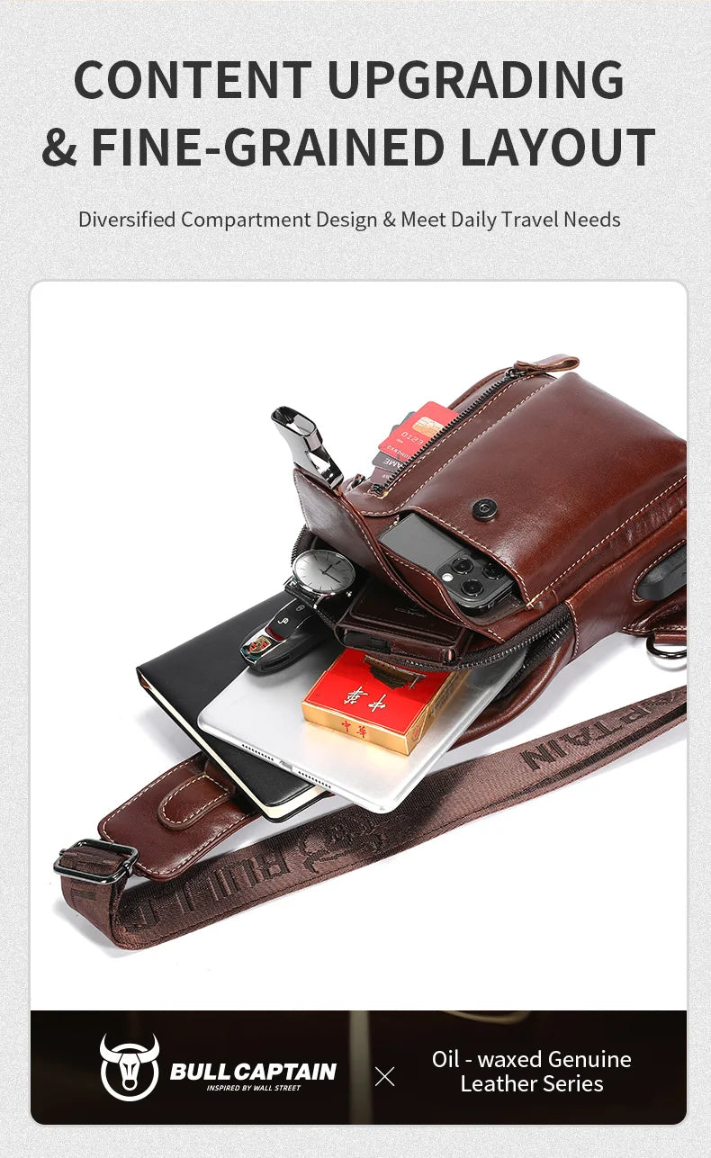 Brown oil-waxed genuine leather sling backpack featuring diversified compartment design and fine-grained layout