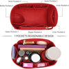 A red felt purse organizer showing various internal and external pockets for organizing small items.