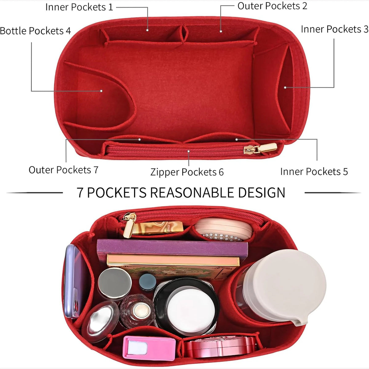 A red felt purse organizer showing various internal and external pockets for organizing small items.