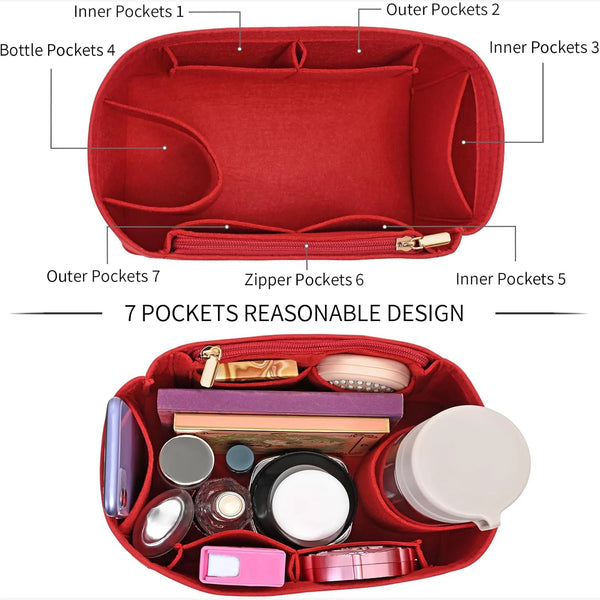 A red felt purse organizer showing various internal and external pockets for organizing small items.