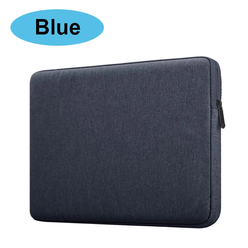 A dark blue waterproof canvas laptop sleeve with a soft fleece lining.