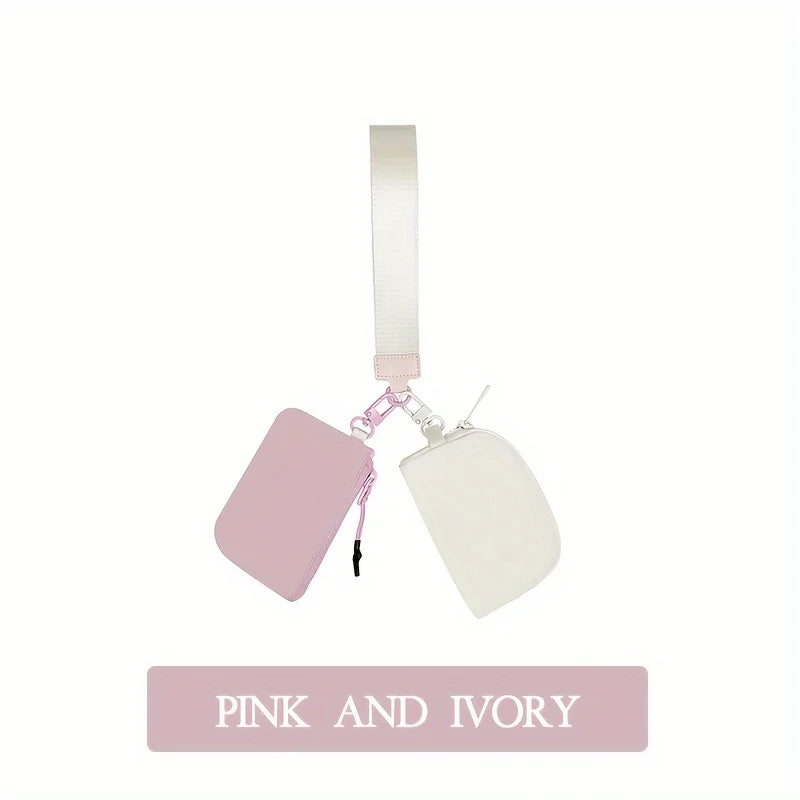 Elegant pink and ivory wristlet key card wallet with a strap