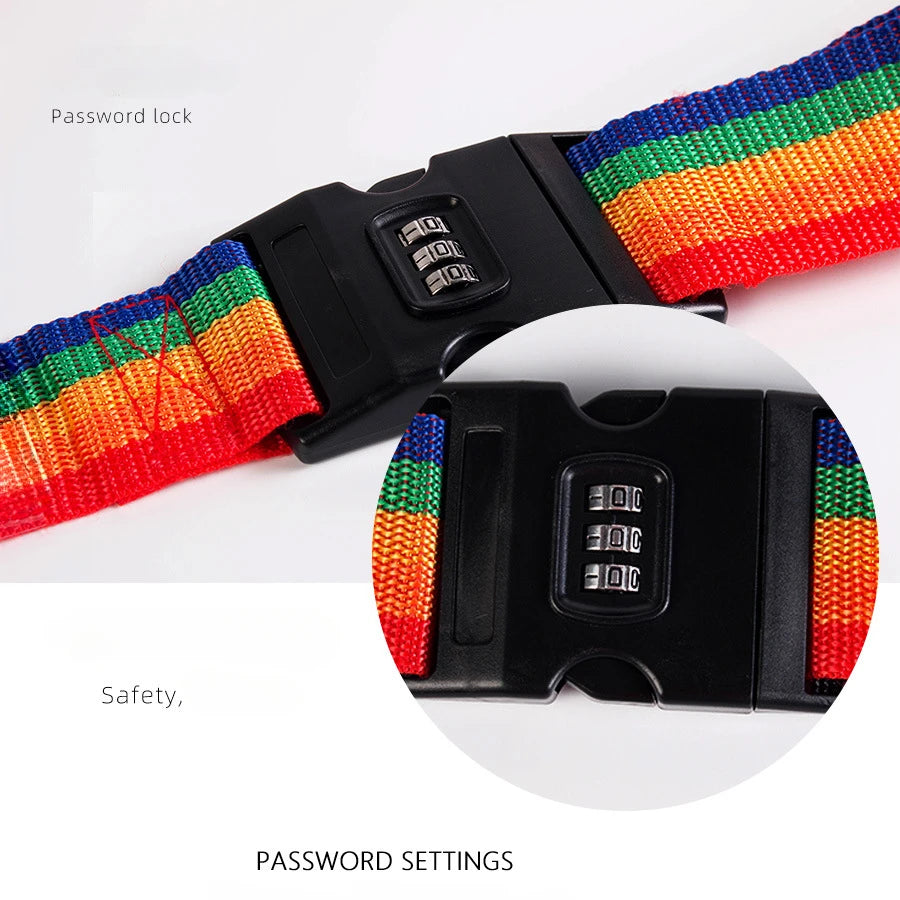 Close-up of a black password lock security strap with colorful woven fabric and a safety feature.