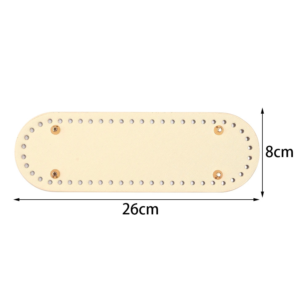 A light beige oval PU leather bag base with pre-punched holes for crochet and knitting projects.