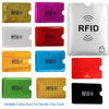 A collection of various colored plastic card sleeves designed for RFID protection.