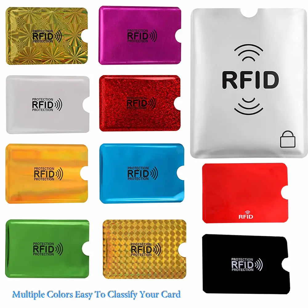 A collection of various colored plastic card sleeves designed for RFID protection.