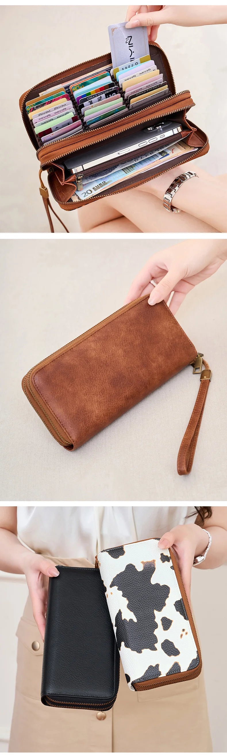 A brown leather tri-fold wallet with a wrist strap and a white leopard print cover is shown in various views.