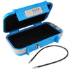A blue portable travel lock box with a hinged lid and a black cable is shown open.
