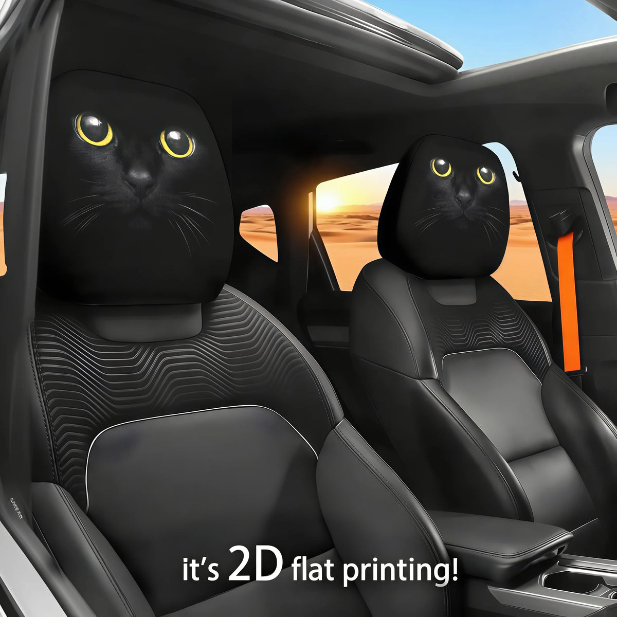 Two black cat headrest covers are shown inside a car, featuring 2D flat printing on the fabric.