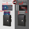 A black leather wallet showing options for embossed or offset printing on cards.