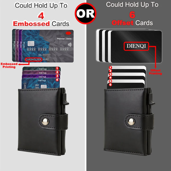 A black leather wallet showing options for embossed or offset printing on cards.