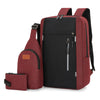A maroon backpack and matching wallet set made of durable nylon fabric.
