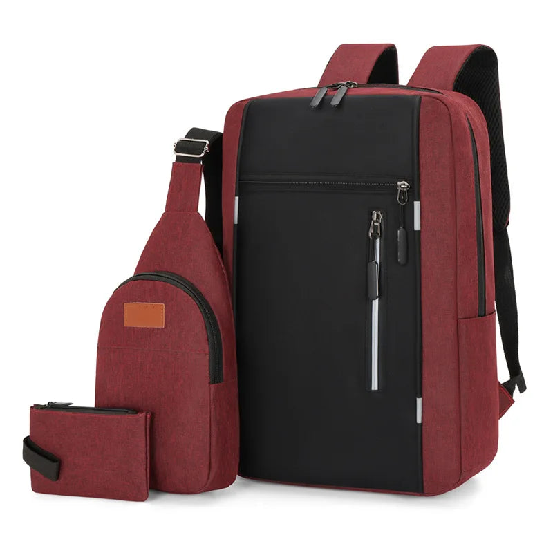A maroon backpack and matching wallet set made of durable nylon fabric.