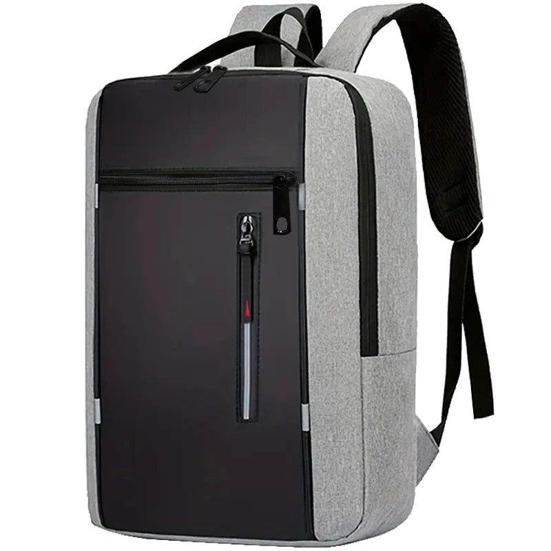 A gray and black durable laptop backpack with a padded shoulder strap.