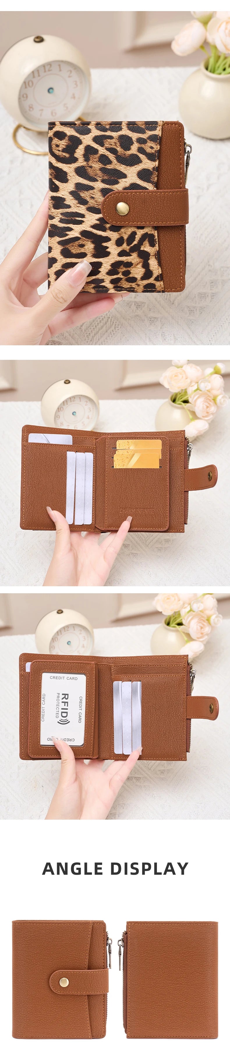 A brown leather RFID-blocking compact bifold wallet shown in an angle display with a gold accent.