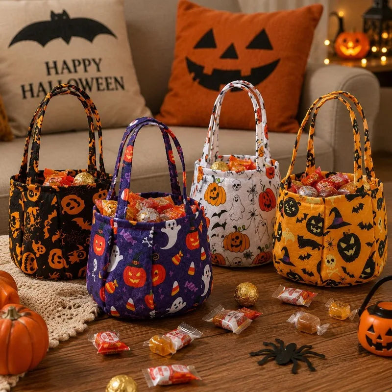 A collection of Halloween non-woven tote bags featuring ghost, bat, and skull designs displayed on a wooden surface.