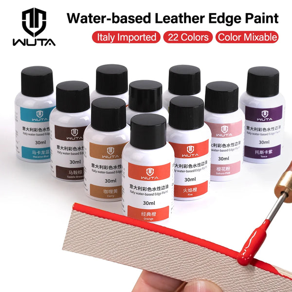 Collection de bouteilles de peinture à bords en cuir à base d'eau WUTA et un pinceau sur une surface en bois.