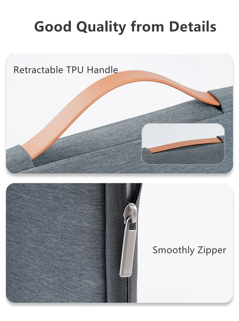 Close-up of a laptop sleeve showing a retractable TPU handle and a smooth zipper detail.