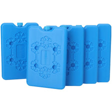 A set of five blue reusable ice packs designed for food cooling.