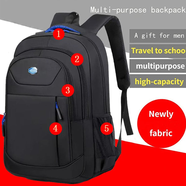 Schwarzer multifunktionaler Rucksack mit nummerierten Merkmalen und Text, der seine Verwendungszwecke und das Material hervor