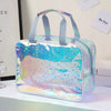 A clear waterproof makeup organizer bag with a holographic iridescent finish and blue glitter accents.