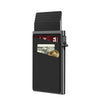 A black metal card holder with multiple slots for storing cards.