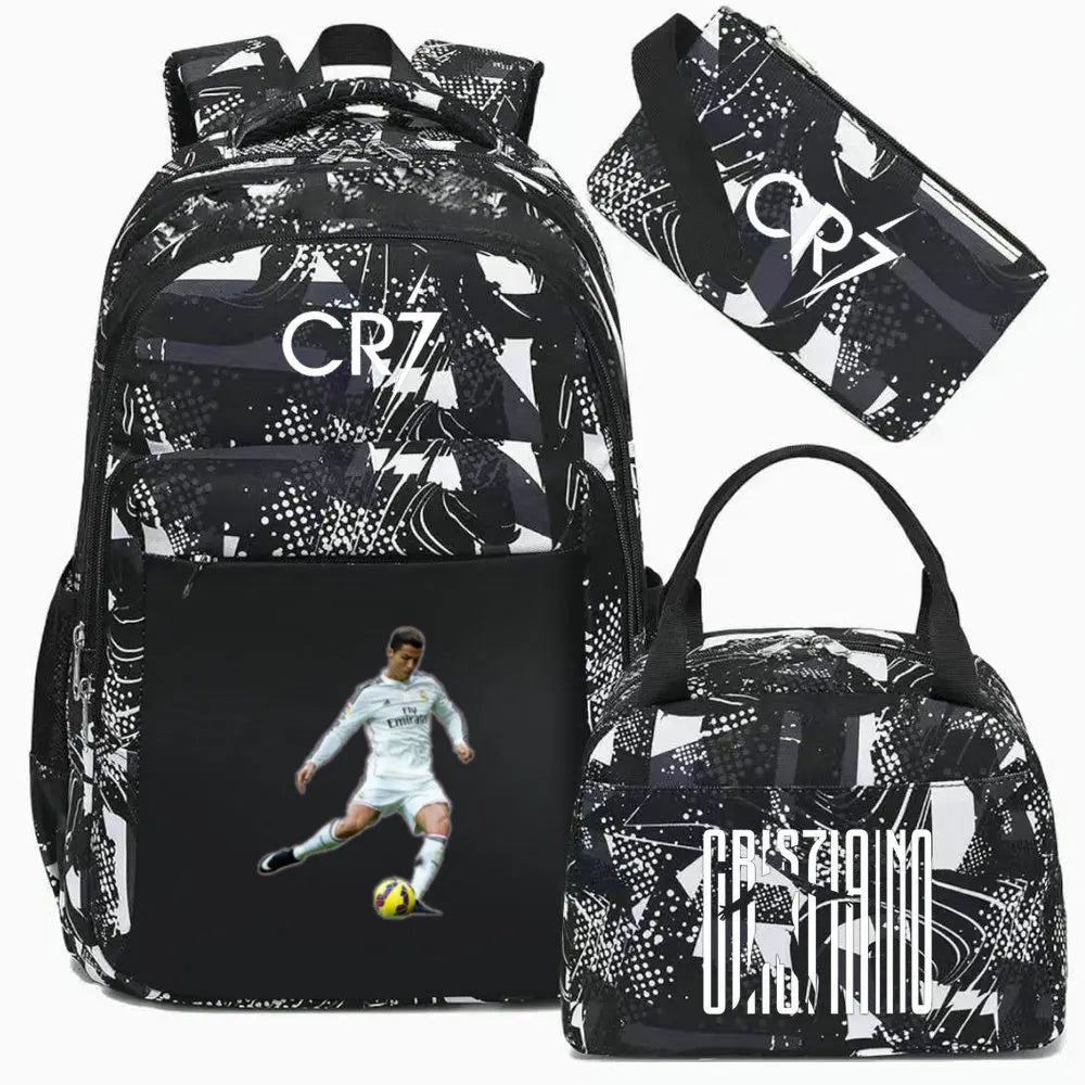 Black sports laptop backpack featuring a patterned design and an attached rain cover.