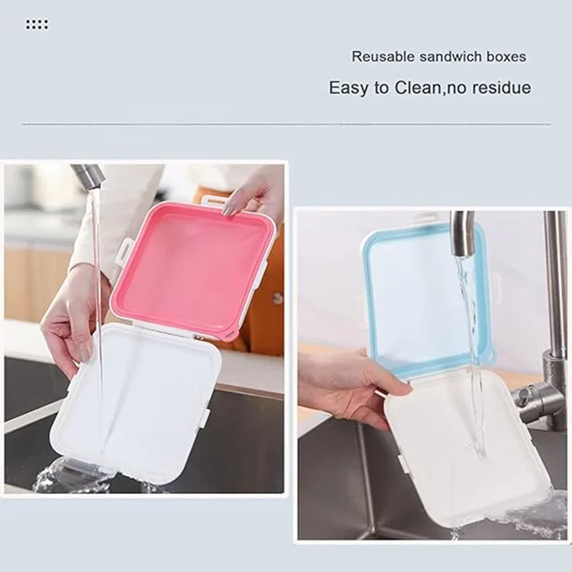 A white silicone reusable sandwich box being washed under running water in a kitchen sink.