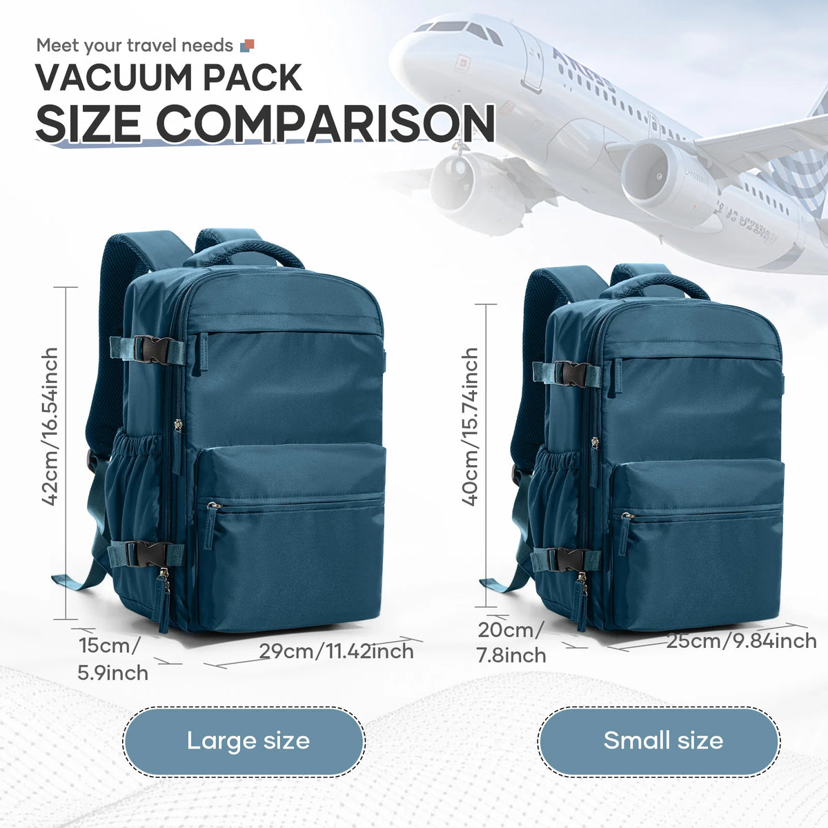 Comparison of large and small vacuum pack size travel compression backpacks.