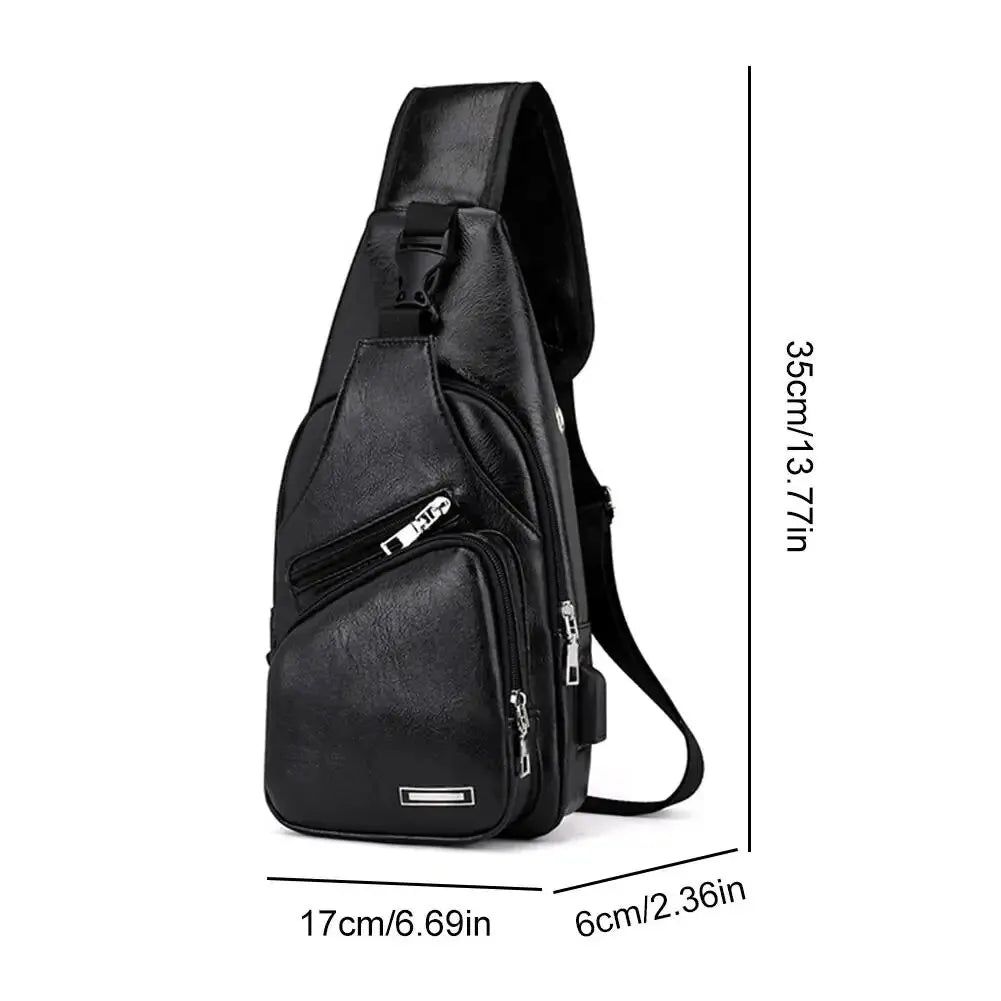 Black men's casual crossbody chest bag with a USB charging port shown in a side view.