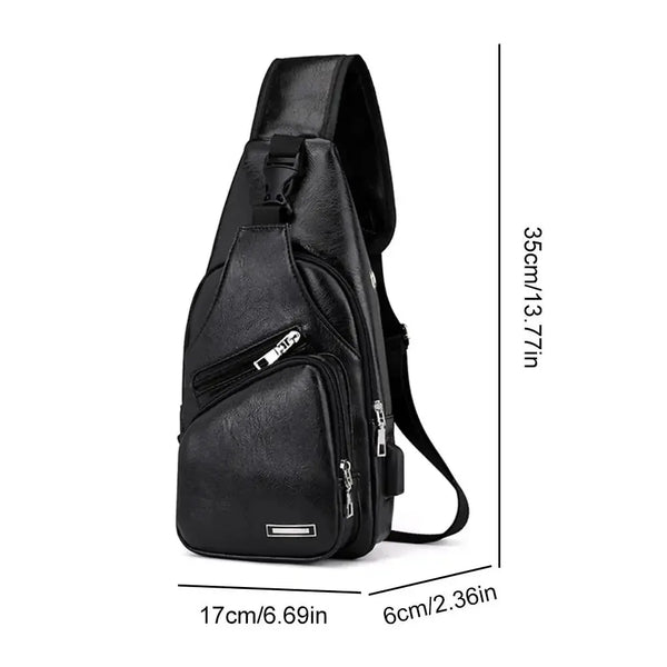 Black men's casual crossbody chest bag with a USB charging port shown in a side view.
