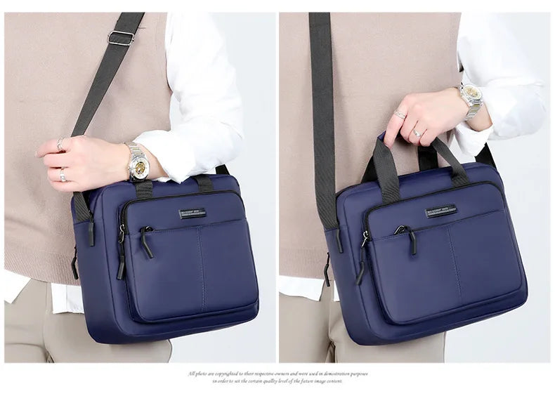 Una bolsa de hombro horizontal azul marino para hombre que sostiene una persona.