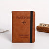 A brown leather passport wallet with black trim, featuring the word PASSSPORT and CHARM ETERNITY.