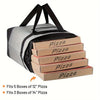 A black and gray insulated cooler bag is shown with five 12-inch pizza boxes and three 14-inch pizza boxes packed inside.