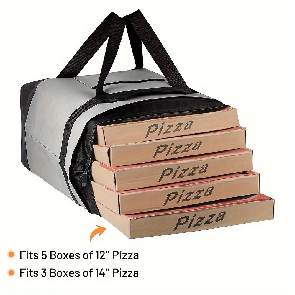 A black and gray insulated cooler bag is shown with five 12-inch pizza boxes and three 14-inch pizza boxes packed inside.