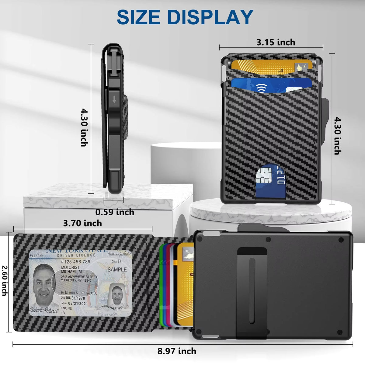Portefeuille bi-pliable en fibre de carbone noire avec blocage RFID, disponible en différentes tailles.