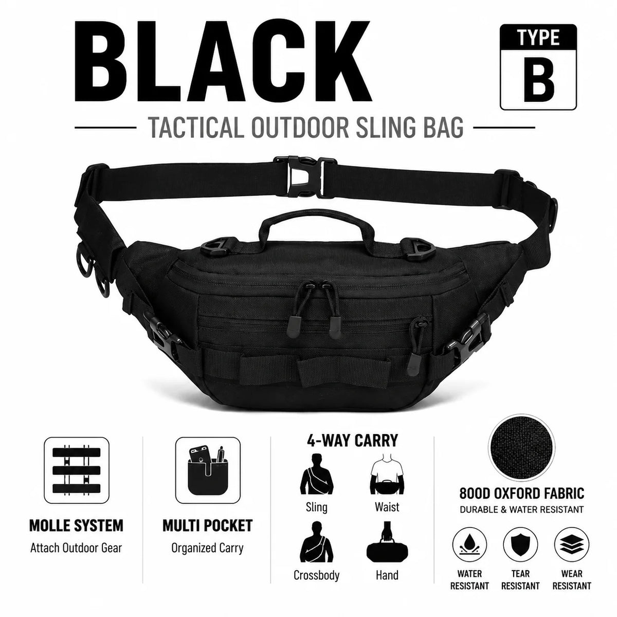 Black tactical outdoor sling bag with MOLLE system and multi-pocket design