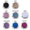 A collection of twelve round cosmetic palettes featuring various glitter eyeshadow colors including black, gold, pink, dark p