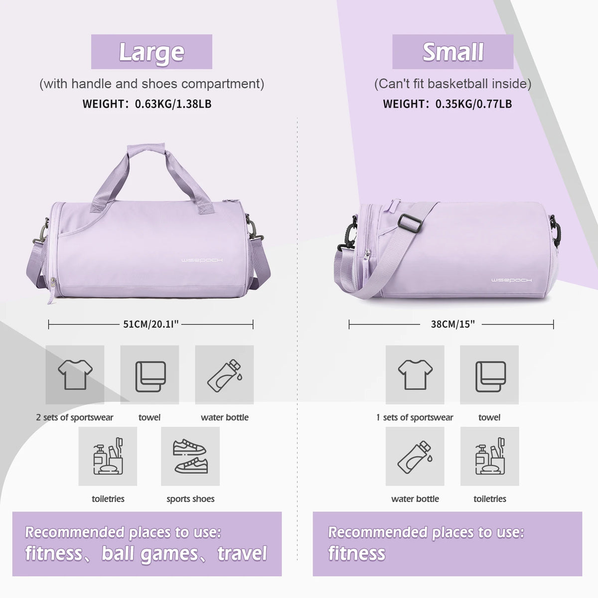 A comparison of a large and small purple waterproof travel duffel bag, showing their sizes and capacity.