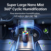 A mini USB electric aroma diffuser is shown in a car interior, emitting a fine mist for humidification.