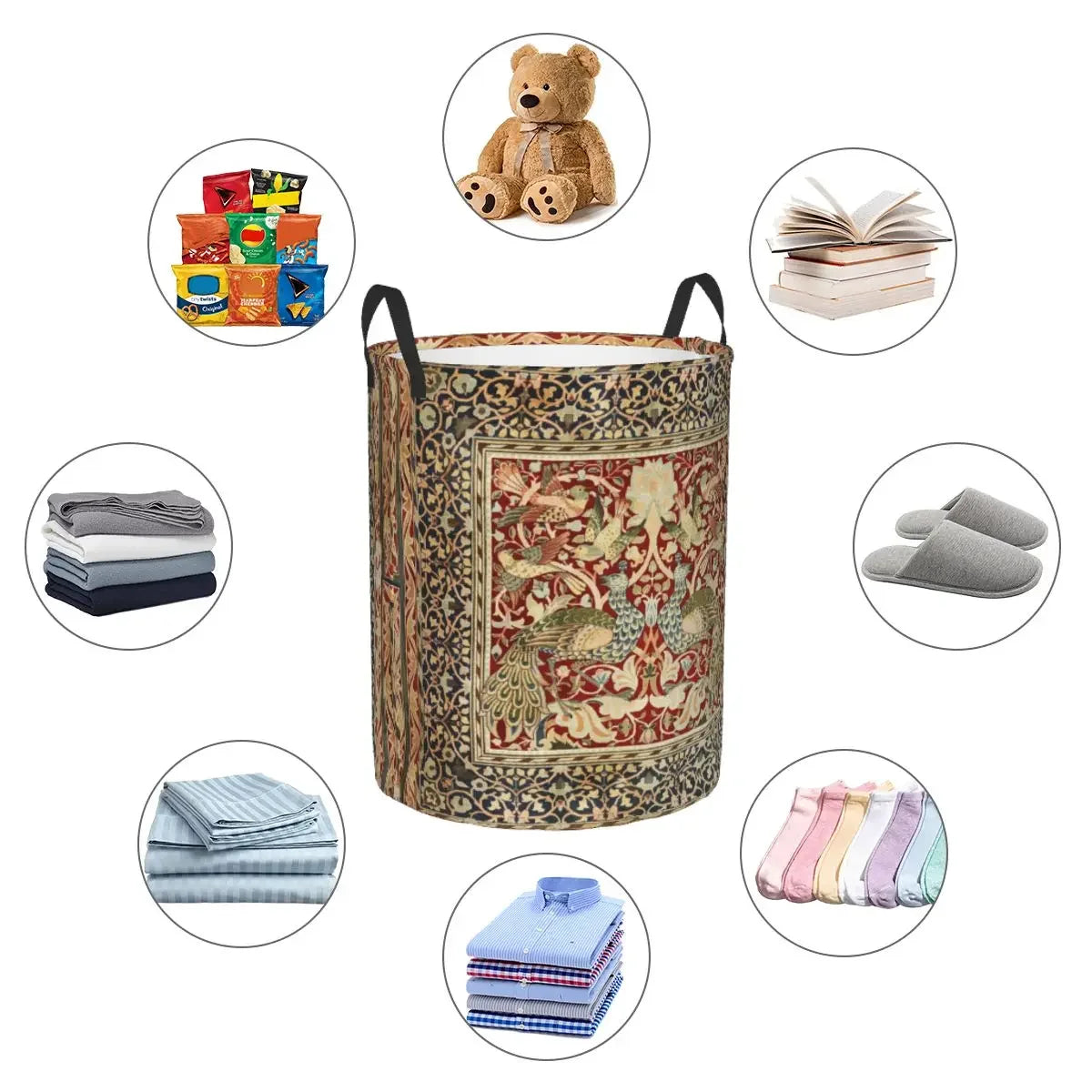 A vintage floral laundry hamper with a lid, featuring various folded towels and storage items.