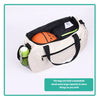 A beige sports duffel bag containing an orange basketball and a green tennis racket.