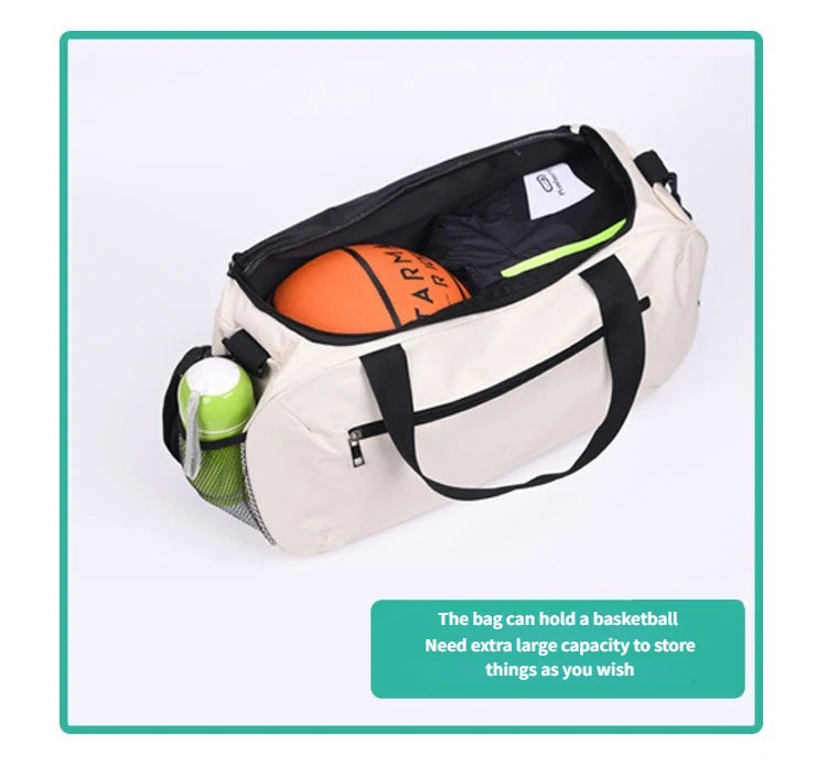 A beige sports duffel bag containing an orange basketball and a green tennis racket.